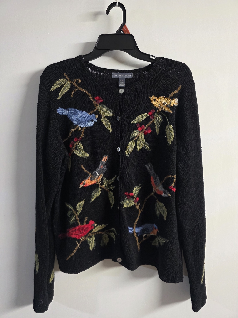 Vtg Northern Isles Cardigan Sweater Womens L Cardinals Blue Bird Embroidered